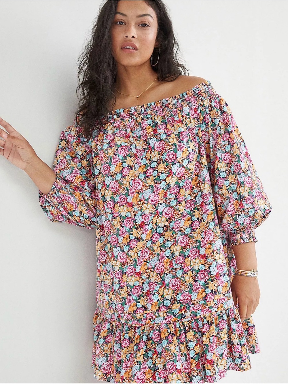 Anthropologie Maeve Flounced Floral Off-The-Shoulder Mini Dress Sz M